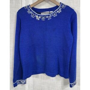 VTG Jane's Closet Women's M Sweater Bows Beaded Sequins Metallic‎ Blue Christmas
